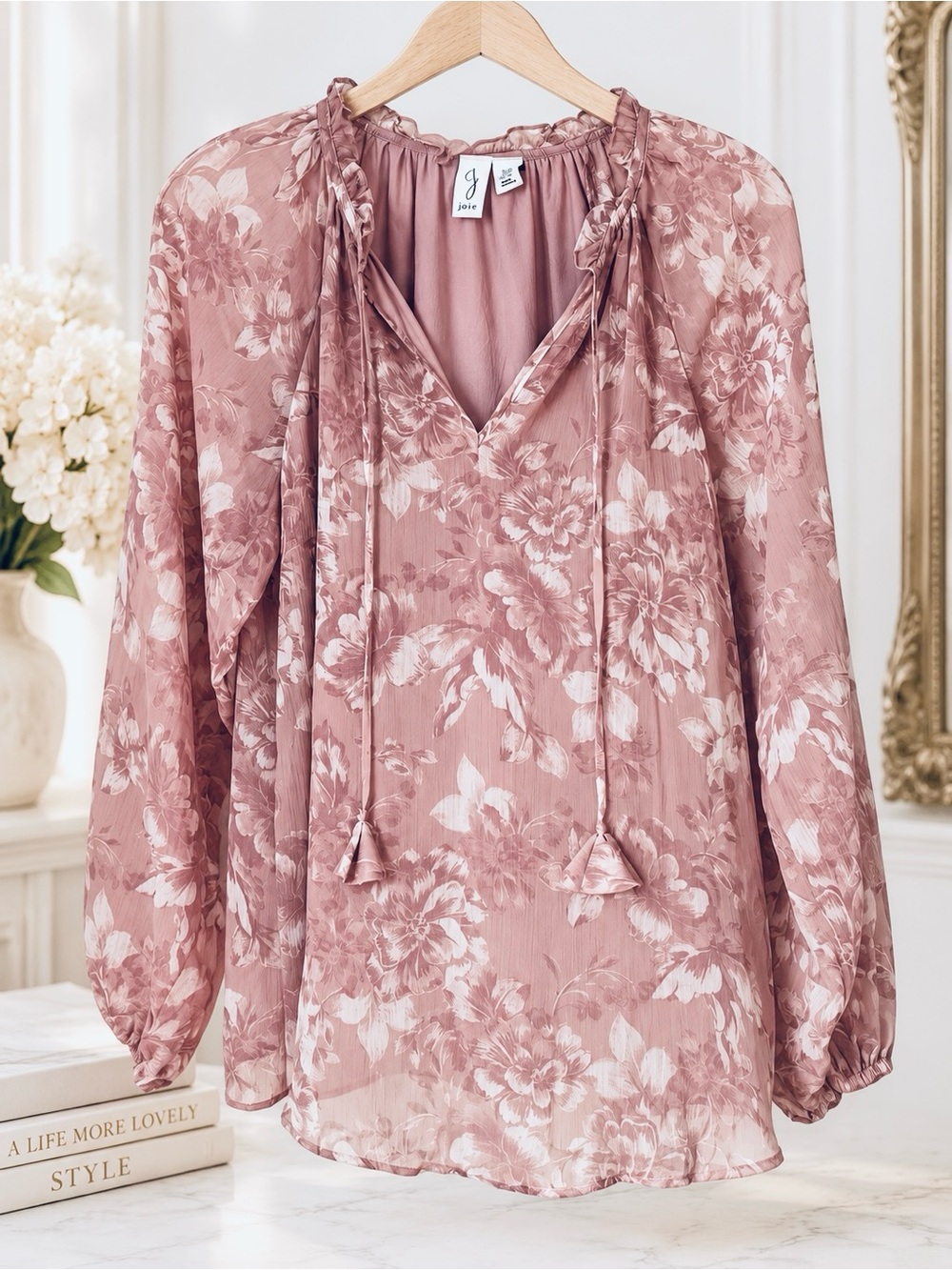 Joie Mauve Floral Sheer Blouse Romantic Boho Sheer Long Sleeve Cottagecore Top M